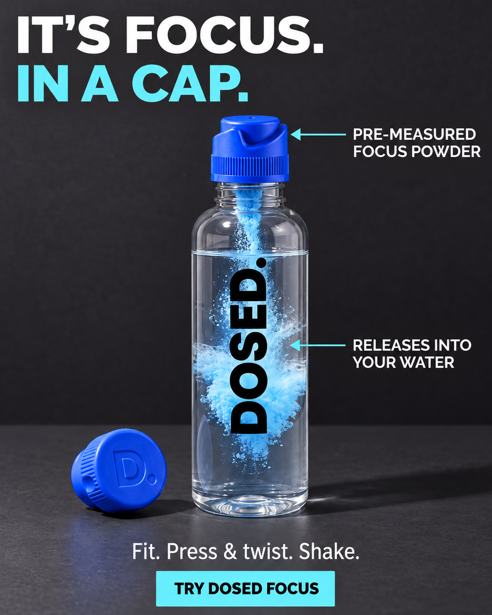 DOSED Focus in a cap: pre-measured blue focus powder releases into water.